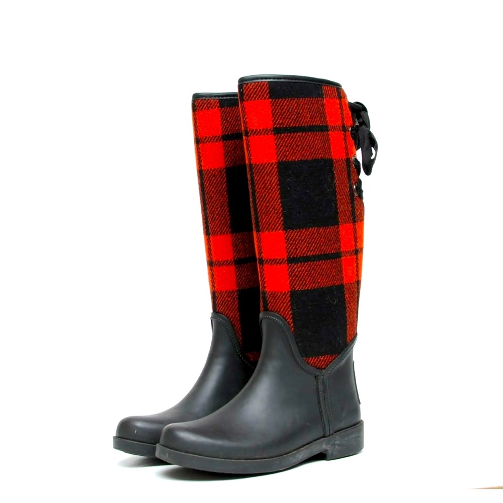 Coach Tristee Rain Boots Red Black Buffalo Plaid Tartan Womens size 10